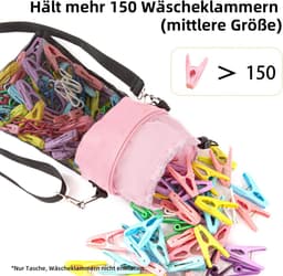 Wasknijperzak met haken voor binnen en buiten, geschikt voor 100 wasknijpers, modern roze — thumbnail 2