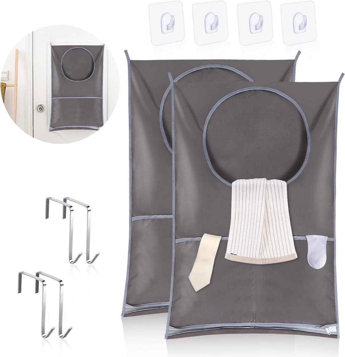 Hanging Laundry Basket Wall Mounted Laundry Bags with Stainless Steel Hooks and Adhesive Hooks - Set of 2, Space Saving Solution for Bathroom Above Door (Grey) — afbeelding 1