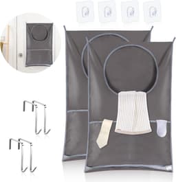 Hanging Laundry Basket Wall Mounted Laundry Bags with Stainless Steel Hooks and Adhesive Hooks - Set of 2, Space Saving Solution for Bathroom Above Door (Grey) — thumbnail 1
