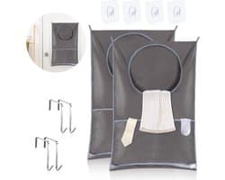 Hanging Laundry Basket Wall Mounted Laundry Bags with Stainless Steel Hooks and Adhesive Hooks - Set of 2, Space Saving Solution for Bathroom Above Door (Grey)