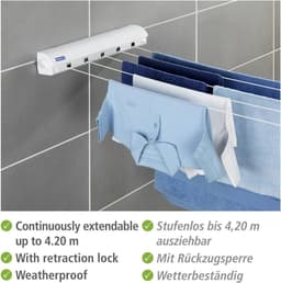 QPFO® Wandwaslijn – 5 uittrekbare waslijnen tot 4,20 m – Inklapbaar rolsysteem – Weerbestendig – Met bevestigingsmateriaal – Voor balkon & tuin — thumbnail 2