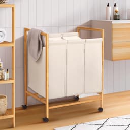 RFWR® Wasmand met 3 Vakken van Bamboe en Wielen – Praktische Oplossing voor het Sorteren van Wasgoed — thumbnail 2