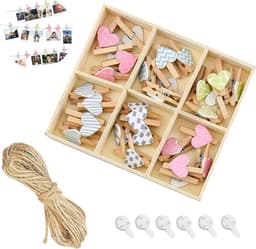 Allecto Plus - Set van 30 hartvormige houten knijpers met fototouw en spijkers - Kleurrijke wasknijpers voor doe-het-zelf decoratie - Creatieve foto's - Sporenloos ophangen — thumbnail 1