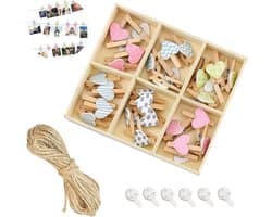 Allecto Plus - Set van 30 hartvormige houten knijpers met fototouw en spijkers - Kleurrijke wasknijpers voor doe-het-zelf decoratie - Creatieve foto's - Sporenloos ophangen