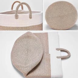 Wasmand Katoen - Opbergmand 40 ltr - Gevlochten mand - Wasmand opvouwbaar - Met handvaten - 100% Handgeweven Biologisch Katoen - Dekenmand - Speelgoedmand - Stevig - Linnen-look - Wit/Beige — thumbnail 3