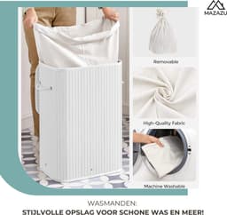 MIRA Home - Wasmand met deksel - Wasbox bamboe met handvatten - Wit - 72 liter - 40x30x60 cm — thumbnail 5