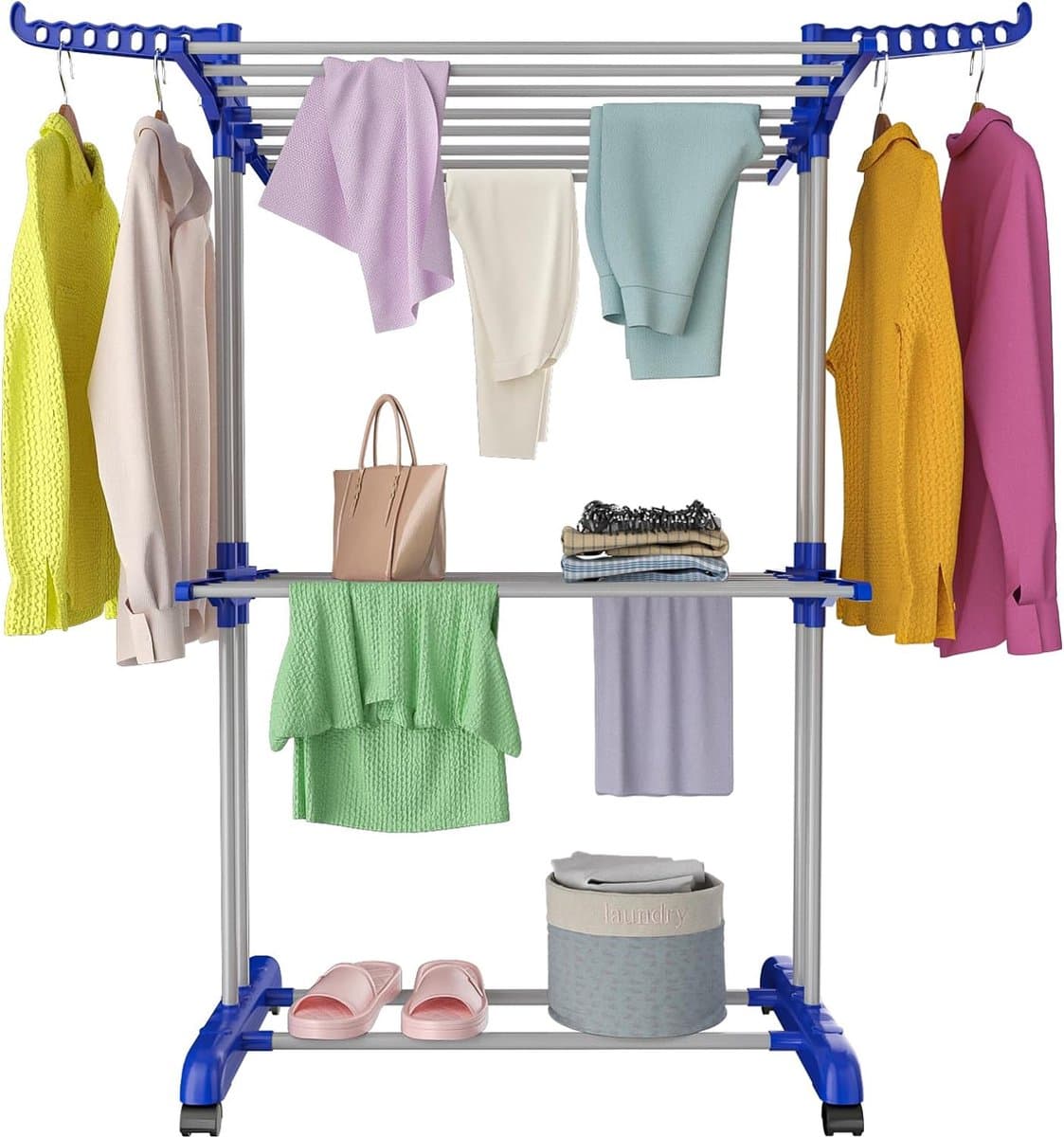 Droogrek met wieltjes, multifunctioneel droogrek met 3 verdiepingen, tower, inklapbaar, klein wasrek, ruimtebesparend met vleugels, wastoren voor binnen en buiten (blauw en grijs) — afbeelding 1