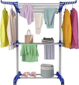 Droogrek met wieltjes, multifunctioneel droogrek met 3 verdiepingen, tower, inklapbaar, klein wasrek, ruimtebesparend met vleugels, wastoren voor binnen en buiten (blauw en grijs) — thumbnail 1