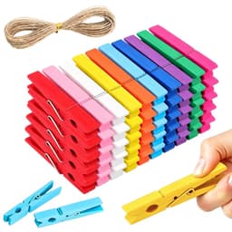 Solidchoice - Set van 50 Kleurrijke Houten Wasknijpers met Jute Koord — thumbnail 1