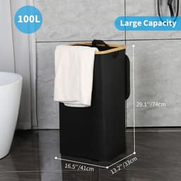 Wasmand met deksel, 100 liter hoge wasmand met bamboe handvat en binnenzak, opvouwbare grote XXL wasmandverzamelaar, wasmand voor slaapkamer, badkamer, zwart — thumbnail 5