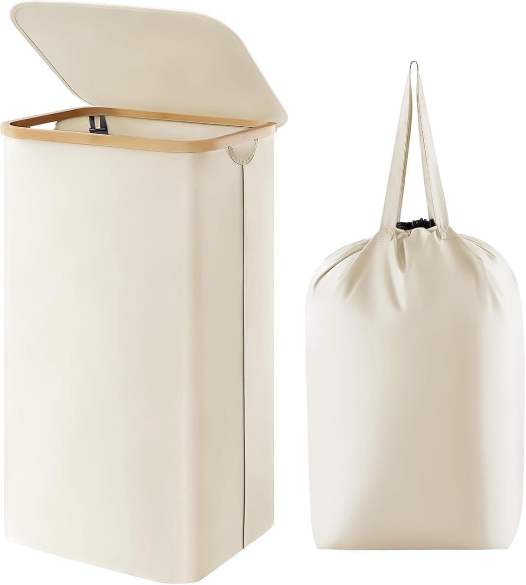 Wasmand van 100 liter met deksel, wasmand met bamboe handgrepen en een afneembare waszak, grote opvouwbare wasmand voor slaapkamer, badkamer, slaapzaal, wasruimte, wit — afbeelding 1