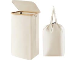Wasmand van 100 liter met deksel, wasmand met bamboe handgrepen en een afneembare waszak, grote opvouwbare wasmand voor slaapkamer, badkamer, slaapzaal, wasruimte, wit