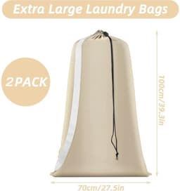 2 stuks stevige beige waszakken van 70×100cm met trekkoordsluiting en draagriemen, beschermende wasnetten voor kleding, geschikt voor thuis en reisopberging van vuile was — thumbnail 5