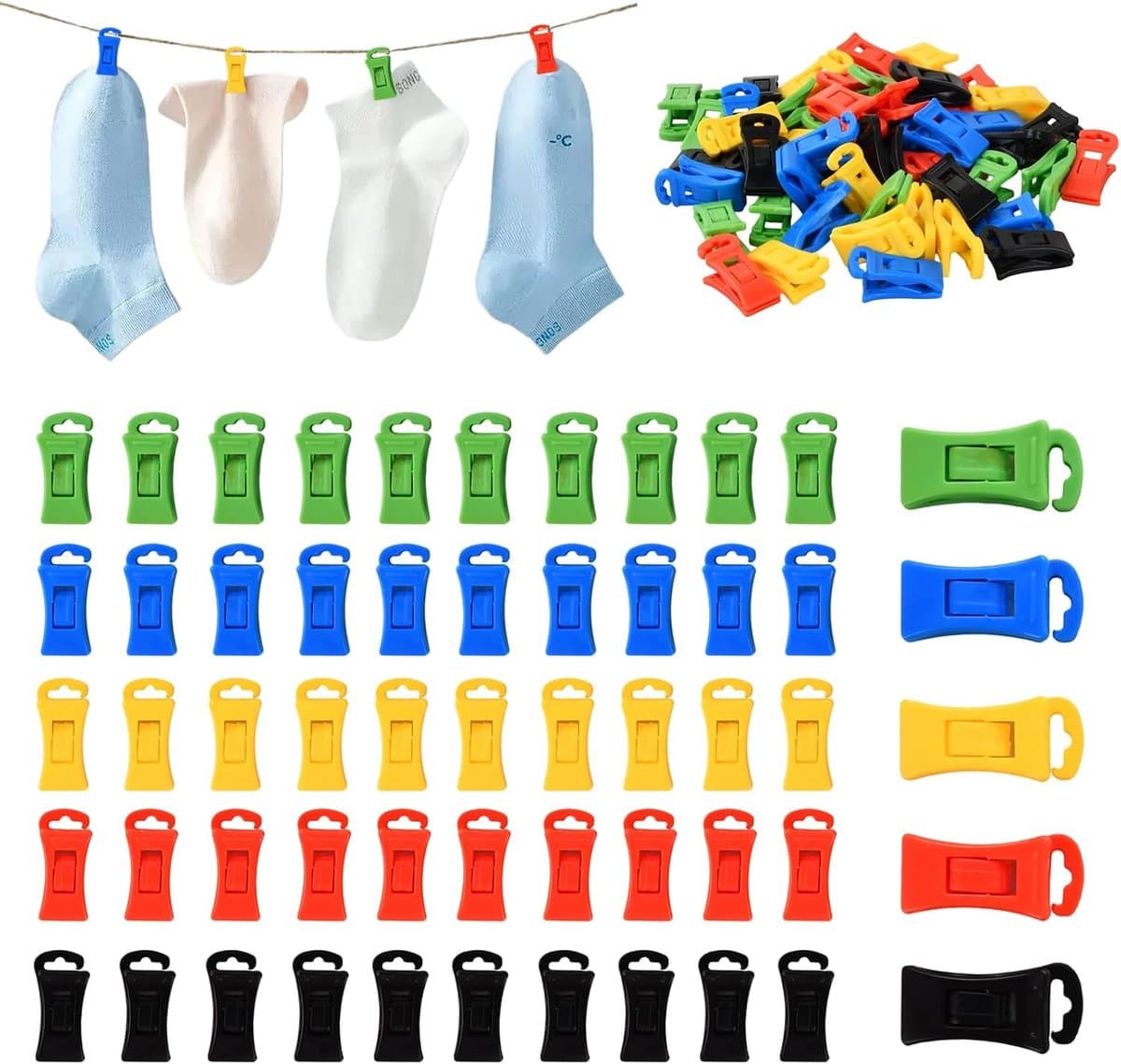 50 stuks kleurrijke sokkenklemmen voor wasmachine en droger, antislip — afbeelding 1