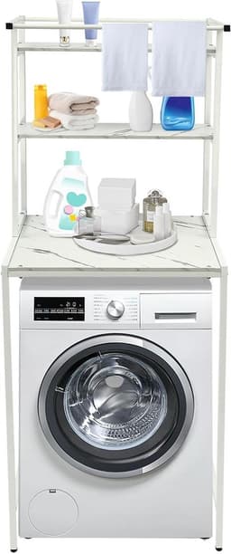Wasmachinekast - Opzetkast Droger - Badkamer Organizer - Verstevigd X-frame - 69 x 60 x 176 cm - Wit Marmer — thumbnail 1
