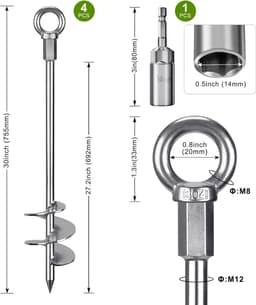 Grondanker - Staal - 76 cm - Spiraalvormig met Vast Oogje - Set van 4 - Voor Camping en Tuin — thumbnail 2