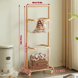Wasmand met 2 Lagen - Kledingmand Rolbaar - Kleding Sorteren - Afneembare Manden - 127 cm Hoog - Walnoot — thumbnail 3