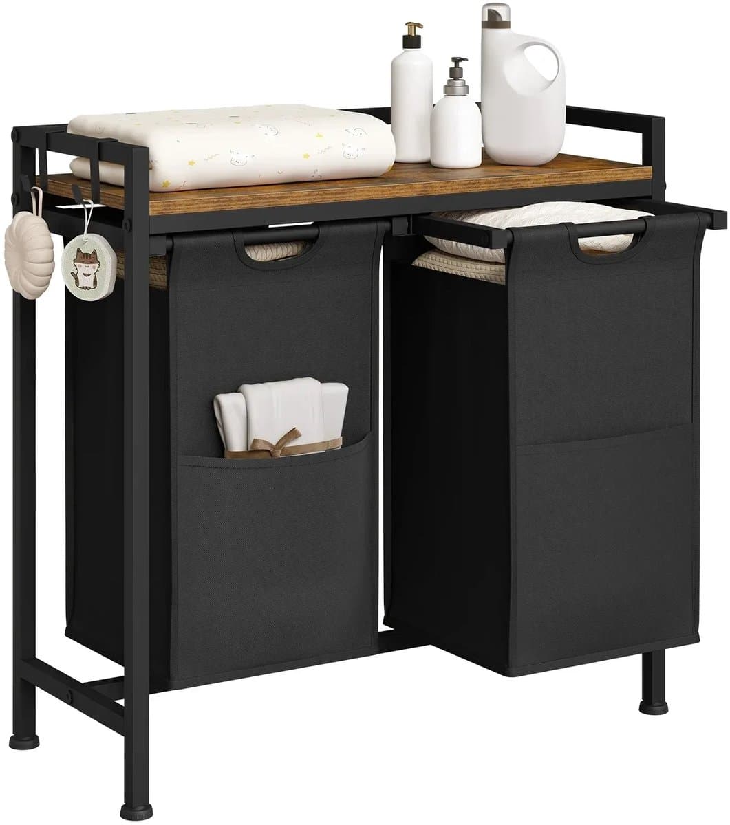 Klarven® Wasmand met uitneembare zakken. Stabiel frame, Gemakkelijk schoon te maken - B 70 x D 30 x H 71 cm - Zwart 2 bags 80L — afbeelding 1