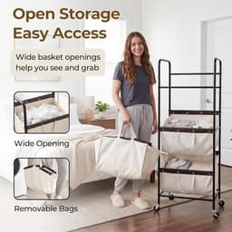 SAYS Wasmand met 3 Vakken, Wasmand op Wieltjes, Organisatie en Opbergruimte voor de Wasruimte, Waskar met 3 Vakken op Wieltjes voor Studentenkamers, Badkamers, Slaapkamers en Kasten, Beige — thumbnail 4