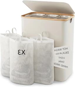Wasmand - Opbergmand - Sorteren Wasgoed - Opvouwbaar Bamboe Frame - 75 cm Hoog - Wit — thumbnail 1