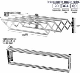 Ploutos® Wanddroogrek Inklapbaar - Wanddroogrek - Handdoekenrek Voor Aan De Muur - Grijs - 10cm x 18cm x 80cm — thumbnail 4