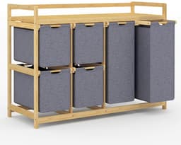 SnelShoppen - 200L Wasmand met 6 Vakken, Grote Wasverzamelaar en Wassorteerder met 2 Waszakken en 4 Stoffen Boxen, Bamboe Wasrek voor Badkamer en Slaa — thumbnail 1