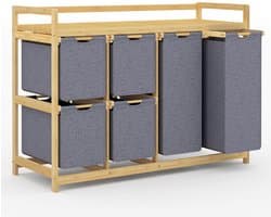 SnelShoppen - 200L Wasmand met 6 Vakken, Grote Wasverzamelaar en Wassorteerder met 2 Waszakken en 4 Stoffen Boxen, Bamboe Wasrek voor Badkamer en Slaa