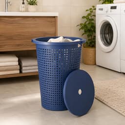 Storage Solutions Wasmand met deksel - 2x - blauw - 35 liter - 40 x 52 cm - kunststof - rond - wasbox - mand voor wasgoed — thumbnail 2