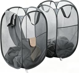 Thijox - 2 stuks 75 liter opvouwbare wasmanden, mesh, grote pop-up wasmanden, ademend en draagbaar met handvat en zijzak, donkergrijs voor thuis, camp — thumbnail 1