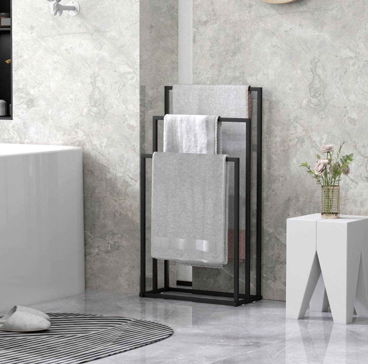 Wishdor - Droogrek - Vrijstaand handdoekenrek met 3 stangen - modern en ruimtebesparend - voor badkamer of wasruimte - metaal - zwart - 45 x 21,5 x 85 cm — afbeelding 1