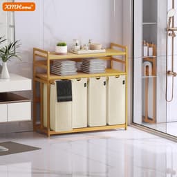 198 liter wasverzamelaar, 4 vakken, wasmand met dubbele plank | bamboe wasbox met uitneembare waszakken, ruimtebesparend voor badkamer, slaapkamer, waskeuken, beige — thumbnail 2