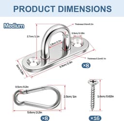 SnelShoppen - RVS Oogplaat Set van 8 met Carabiners - Muur- en Plafondbevestiging - Perfect voor Tuin, Camping, en Binnengebruik — thumbnail 5