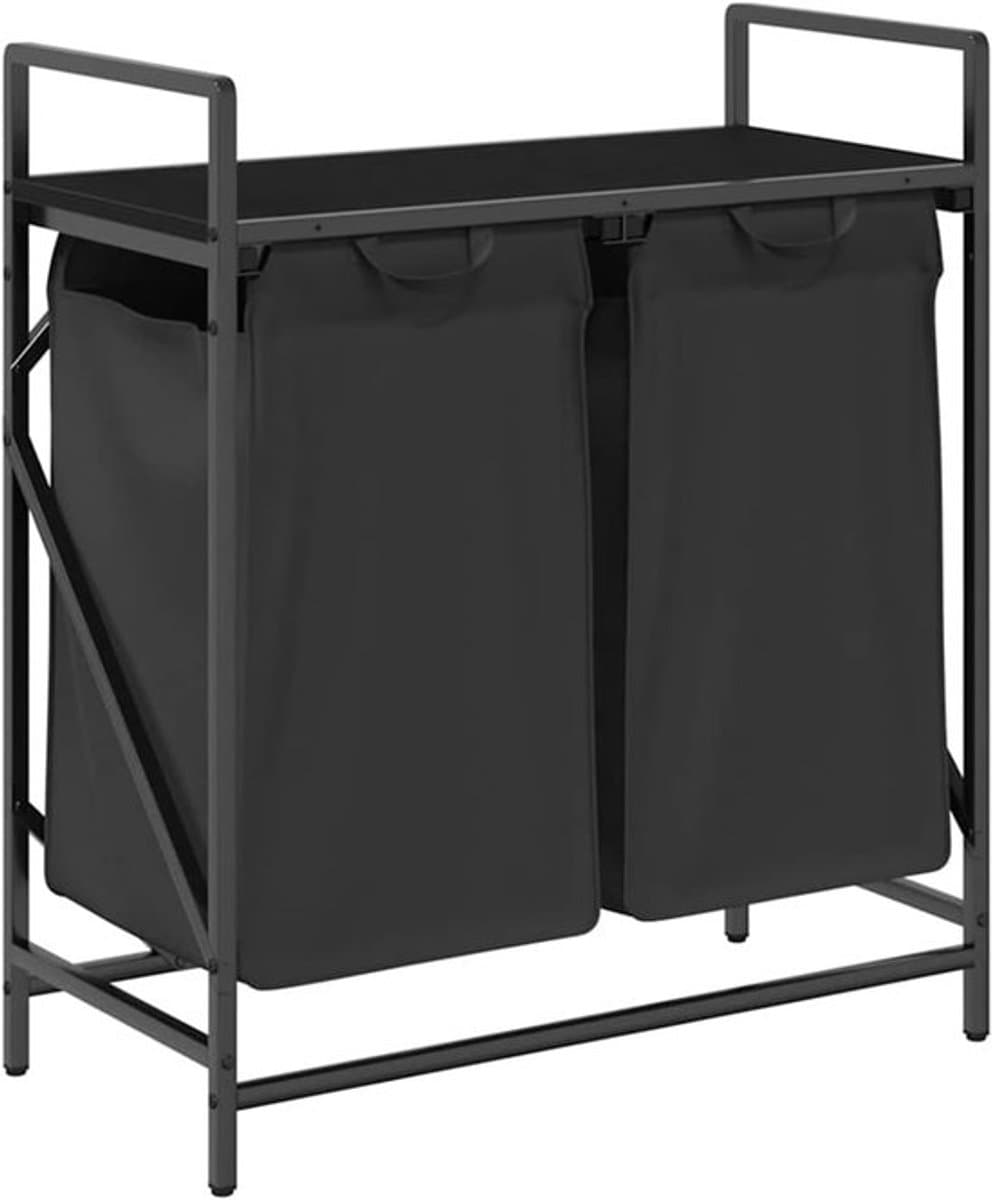 Wasmand – Laundry Basket – Wasbox – Wascontainer – Wasrek – 2 Compartimenten – Stevig Stalen Frame met Houtlook Opbergrek — afbeelding 1