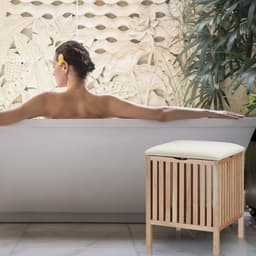 wasmand kruk - badkamerkruk - 40 liter - 51 x 41 x 41 cm - hout - naturel-wit — thumbnail 2