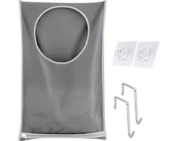 Ophangbare Wasmand - 77x50 cm - Grijs - Opvouwbare Wasmand - Plakhaakjes Zelfklevend - Deurhaakjes - Rits