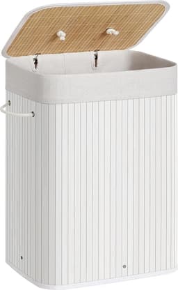 SONGMICS Wasmand met deksel (LCB010W01), 72 l, wasmand van bamboe, opvouwbaar, met afneembare wasbare zak, handgrepen, voor bijkeuken, slaapkamer, wit, 40 x 30 x 60 cm (L x B x H) — thumbnail 1