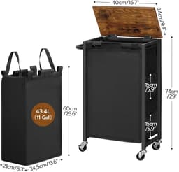 TRANKIELO® - Wasmand met Deksel en Wielen – Ruimtebesparend – Vintage Bruin en Zwart – 43,4 L Capaciteit – Oxford-Stof Tas — thumbnail 5