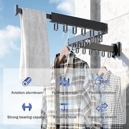 droogrek voor kleding aan de muur, droogrek voor wasgoed, ruimtebesparend intrekbaar klerenhangerrek, opvouwbaar kledingrek voor balkon, wasserij, badkamer, patio (zwart) — thumbnail 3