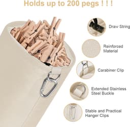 Goodivery ® Wasknijperzak ophangen, voor maximaal 150-200 wasknijpers, grote waterdichte wasknijperzak met trekkoordsluiting, voor binnen en buiten, opbergen, beige, beige — thumbnail 4