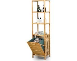 COSTWAY 2 in 1 Badkamerplank & wasmand, hoge kast voor badkamer van bamboe met 3 planken, waskast met uitneembare waszak & handvat, badkamerkast voor badkamer slaapkamer wasruimte, natuur — afbeelding 1