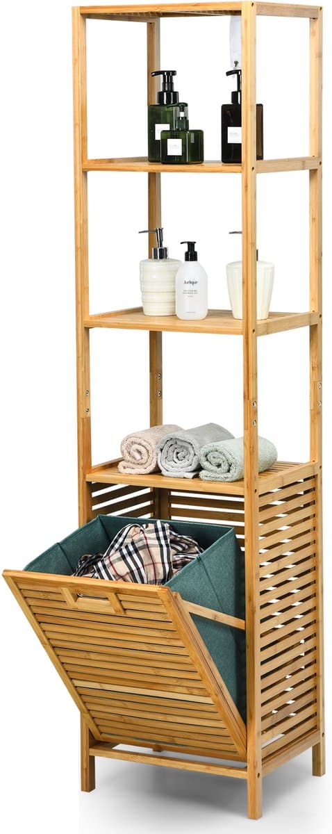 COSTWAY 2 in 1 Badkamerplank & wasmand, hoge kast voor badkamer van bamboe met 3 planken, waskast met uitneembare waszak & handvat, badkamerkast voor badkamer slaapkamer wasruimte, natuur — afbeelding 1