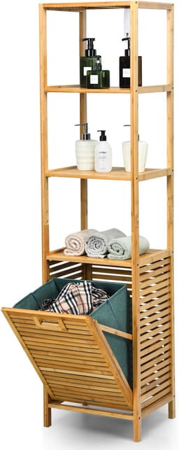 COSTWAY 2 in 1 Badkamerplank & wasmand, hoge kast voor badkamer van bamboe met 3 planken, waskast met uitneembare waszak & handvat, badkamerkast voor badkamer slaapkamer wasruimte, natuur — thumbnail 1