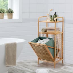 COSTWAY Badkamermeubel met schommelwasmand en 2 opbergplanken, afneembare Oxford-voering, voor woonkamer, keuken van bamboe en canvas (40,5 x 33 x 95,5 cm) — thumbnail 3