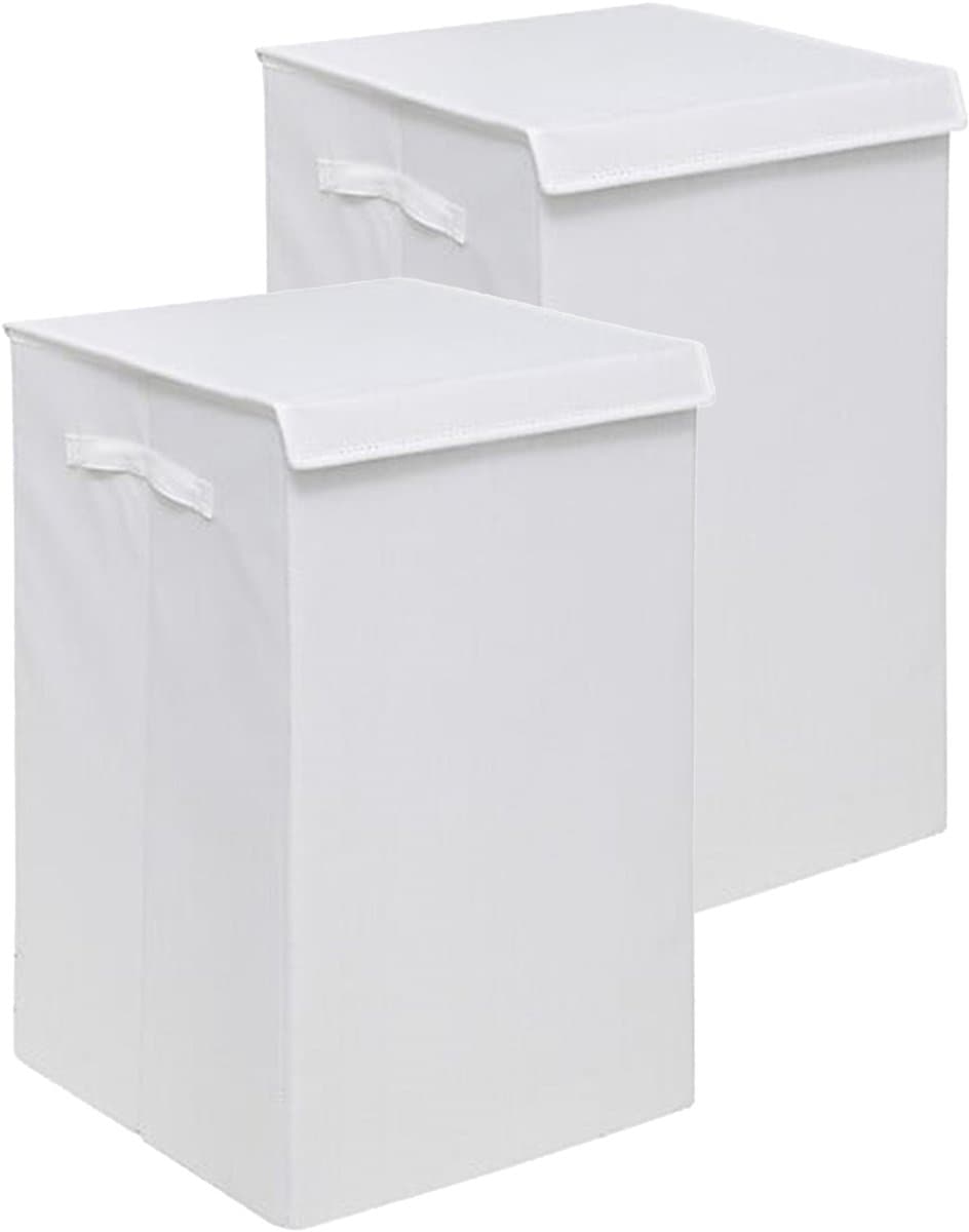 5Five Eureka sorteer wasmand - 2x - 74 liter - wit - 37 x 37 x 60 cm - MDF/Polyester stof - met afsluitklep — afbeelding 1