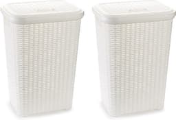Plasticforte Wasmand met deksel - 2x stuks - 60 liter - wit - rotan - kunststof - L35 x B43 x H62 cm — thumbnail 1
