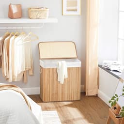 Hoppa! Wasmand, 150L, wasbox met deksel, wassorteermachine, van bamboe, met handvatten, 3 compartimenten, opvouwbaar, katoen, waszak machinewasbaar, wasruimte, Natuurlijk — thumbnail 4