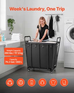 VEVOR Wasmand, Waskar, 300L Inhoud, 117,9L Laadcapaciteit, Zwenkwielen, Waterdichte Waszak, Rolbare Wasmand voor Het Sorteren van Wasgoed, Boodschappen en Bagage — thumbnail 2