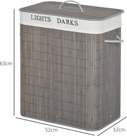 Clruro Waskorf - 100L - 2 Vakken met Deksel - Verwijderbare Waszak - Vouwbaar - Bambus - Grijs — thumbnail 2