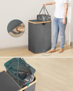 SONGMICS - Wasmand met 2 compartimenten - wasverzamelaar - 150 liter - hoogte 75 cm - wassorteerder met deksel, waszak, uitneembare waszakken - grijs — thumbnail 5