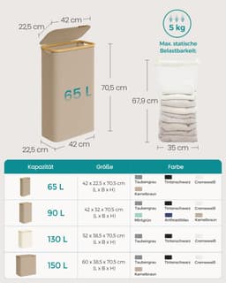 ACEP Wasmand met deksel - Wasmand met deksel - Wasmanden - 22.5CM Breed - 65 Liter - Inclussief Wasbare waszak - Beige - 42x22,5x70,5 cm (L x B x H) — thumbnail 2